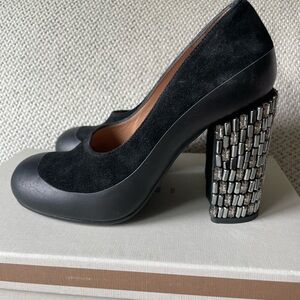 Marni Black Suede & Leather Pumps with Jeweled Block Heel